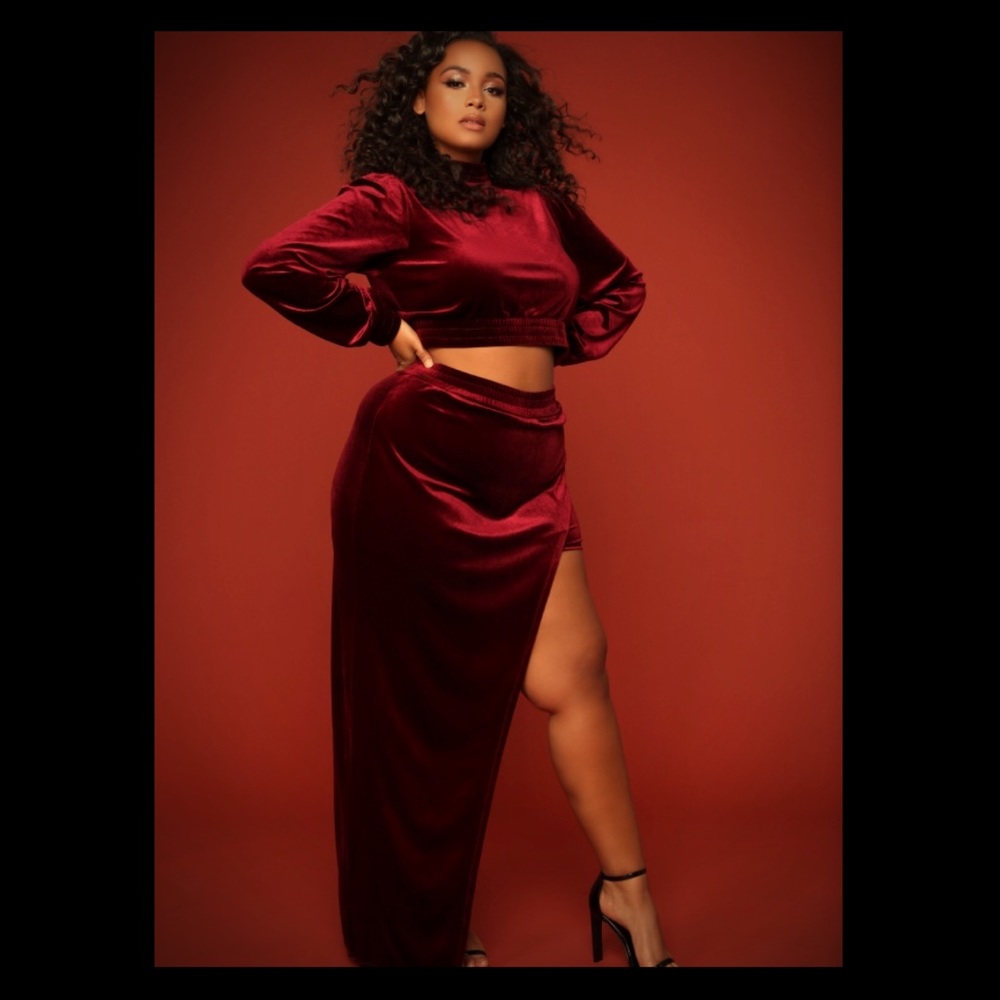 Two-piece asymmetrical velvet skort set